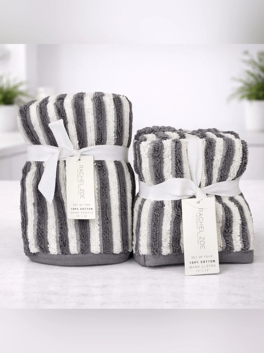Rachel Zoe Grey & White Stripe 6-Piece Hand Towel & Washcloth Set 100% Cotton